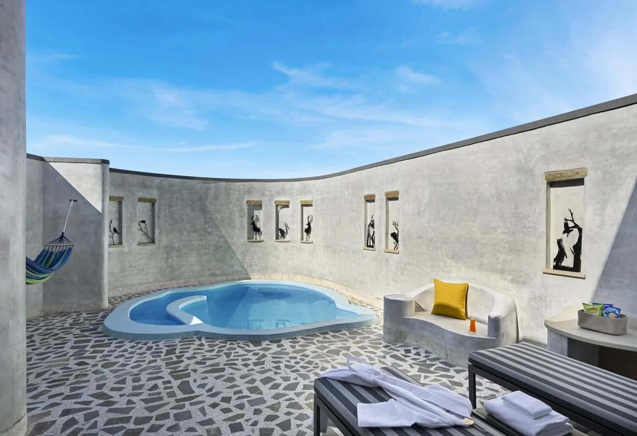 Private plunge pool at J Wild Jawai with sun lounger deck